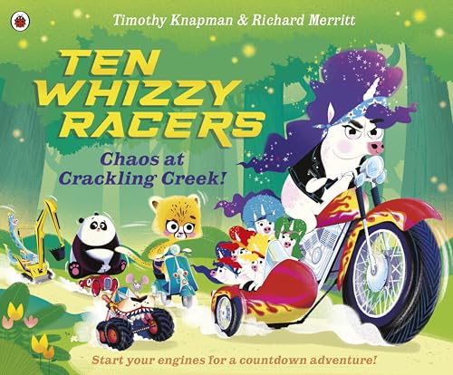 Children’s book cover featuring animal racers on motorcycles and vehicles.