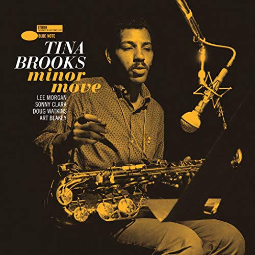 Tina Brooks album cover, jazz musician with saxophone and microphone.