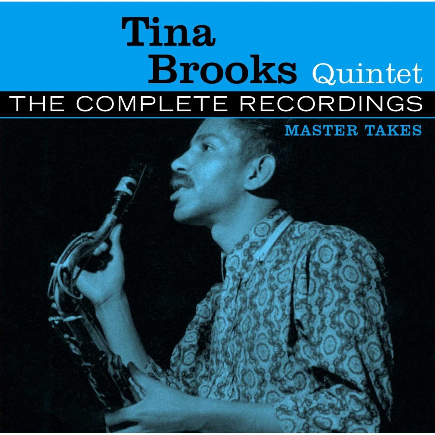 Album cover featuring Tina Brooks playing saxophone with blue-tinted text on a black background.