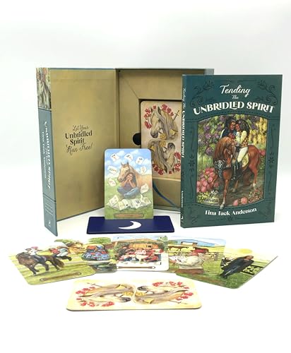 Tarot card deck with horse imagery, box, and guidebook displayed on white surface.