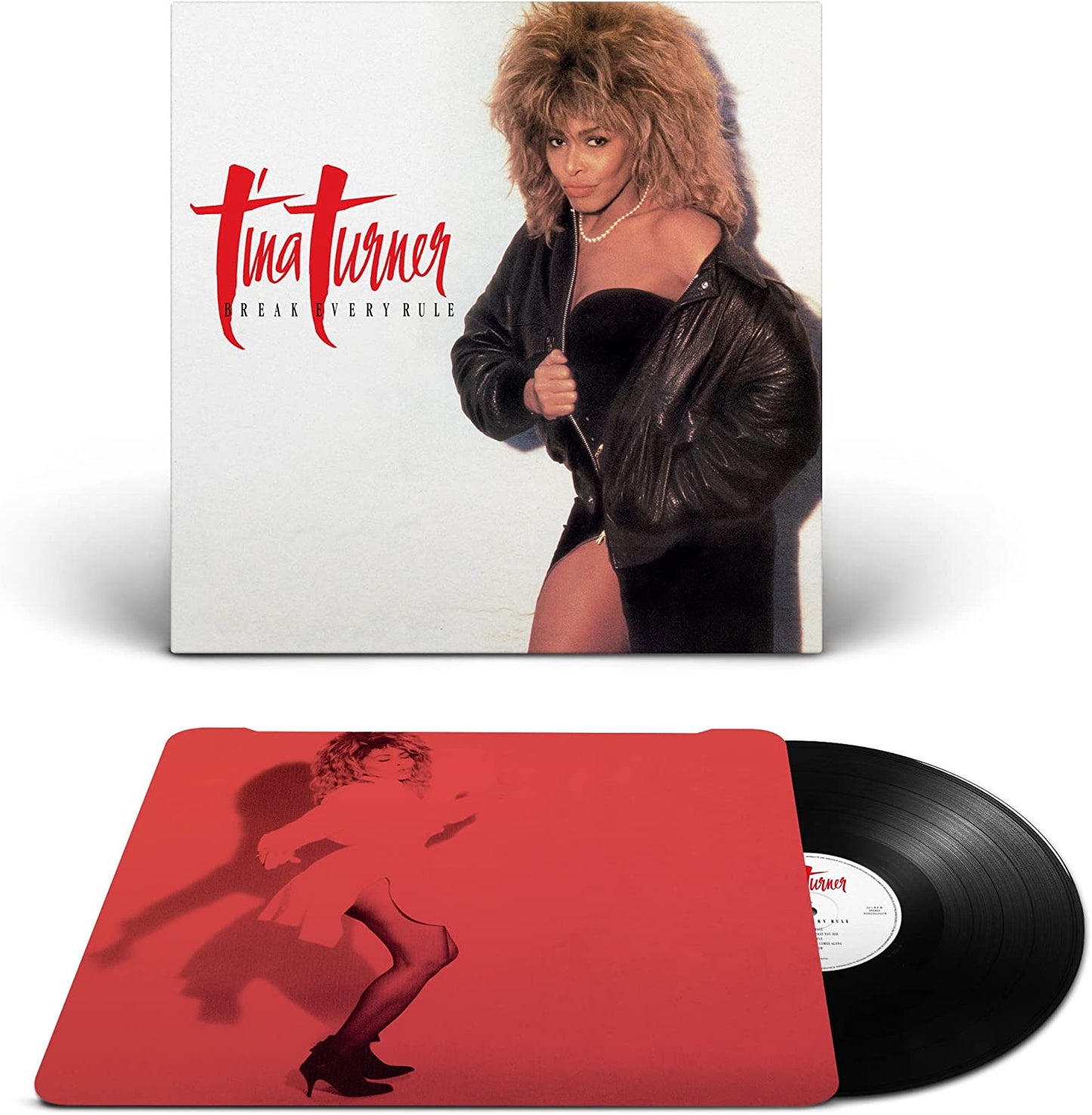 Tina Turner’s “Break Every Rule” vinyl record and red album cover.