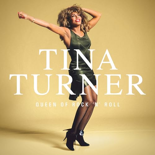 Tina Turner in a short dark dress and fishnets against a gold background.