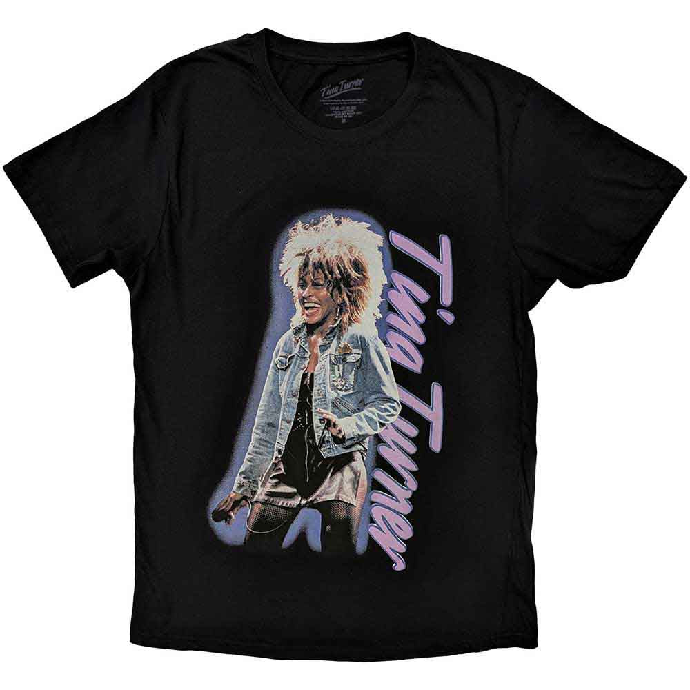 Black unisex t-shirt featuring a vertical Tina Turner logo, size XX-Large.