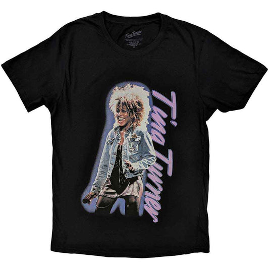 Black unisex t-shirt featuring a vertical Tina Turner logo, size XX-Large.
