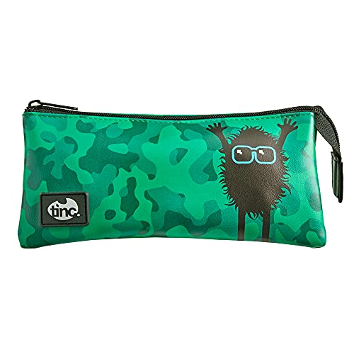 Green camouflage pencil case with a cartoon monster illustration.