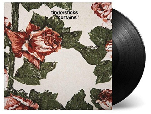"Album cover with floral pattern and text 'tindersticks curtains' on a beige background."