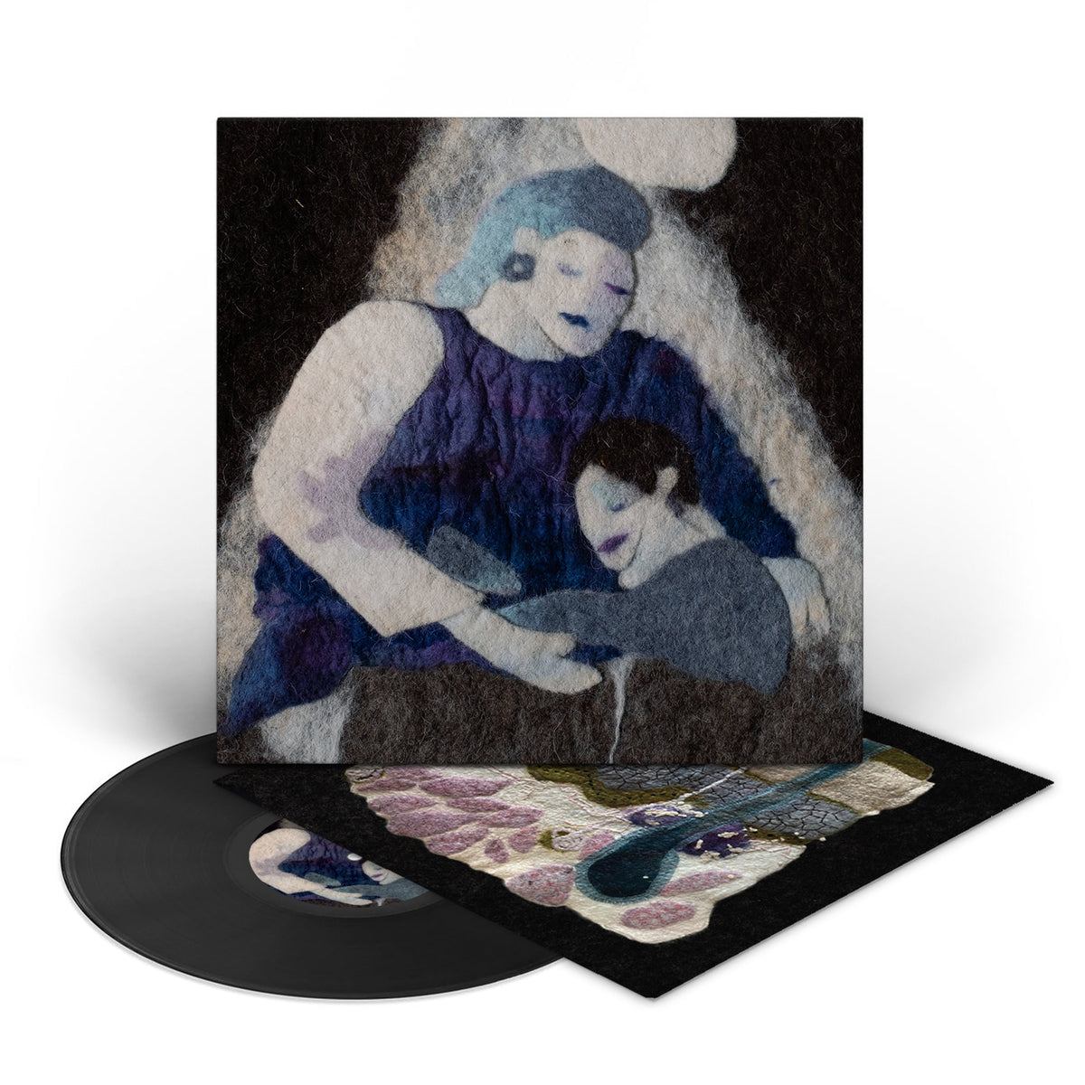 Vinyl record and coverLSSleeve featuring a felted art image of two figures.