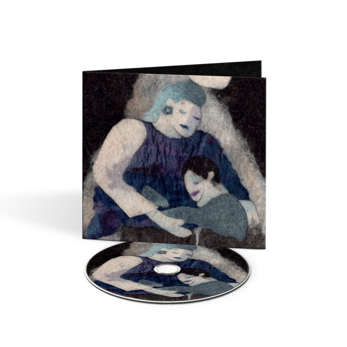CD case with painted image of two figures in blue tones.
