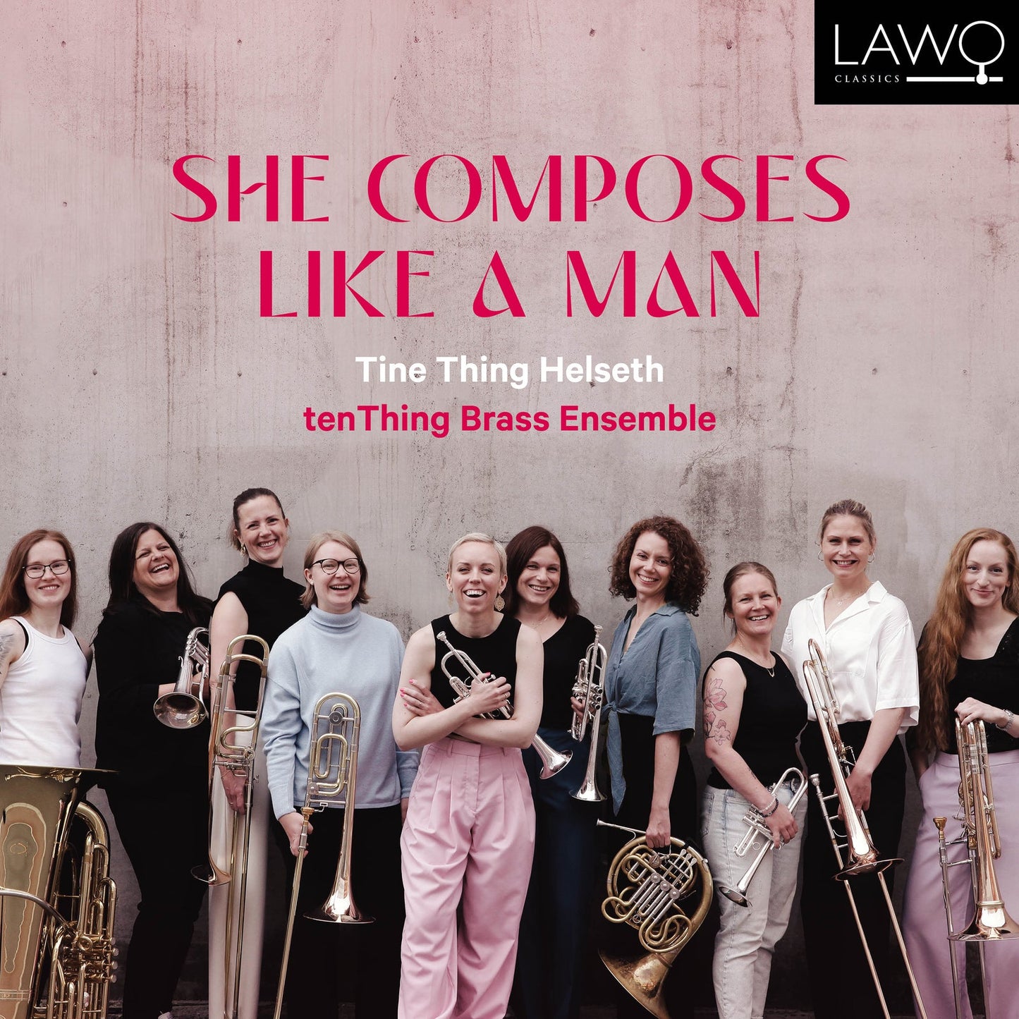 CD cover featuring ten women with brass instruments against a pink wall.