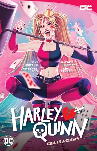 Harley Quinn comic cover featuring a blonde woman with a crown and bat.