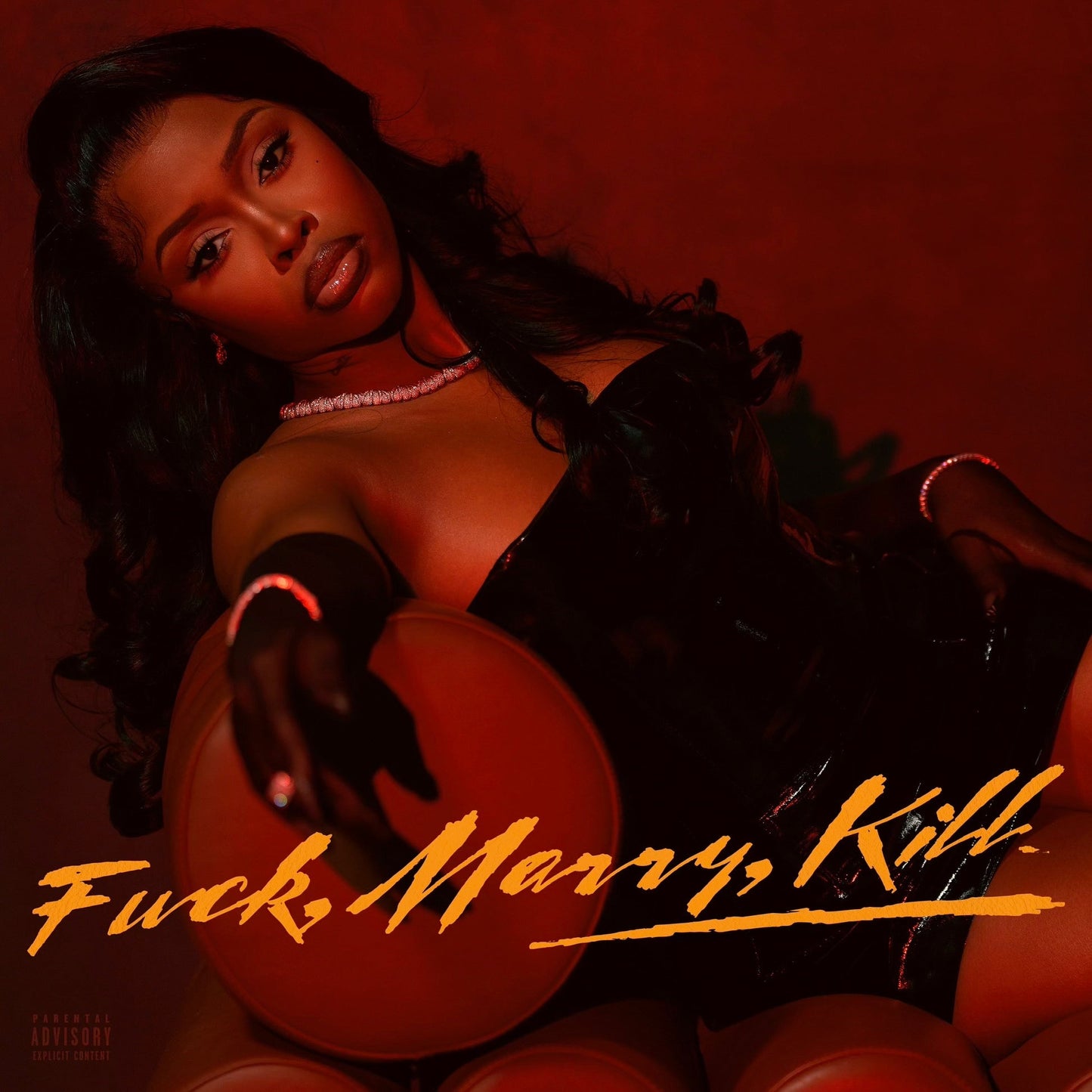 CD cover featuring a close-up of a woman in red lighting, text “Fuck, Marry, Kill”.