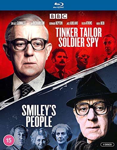 Blu-ray cover art featuring George Smiley and cast members from two BBC spy dramas.