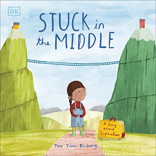 Book cover with a young girl and suitcase between two green mountains.