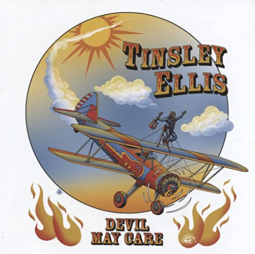 CD cover for Tinsley Ellis’ “Devil May Care” featuring a biplane and sun.