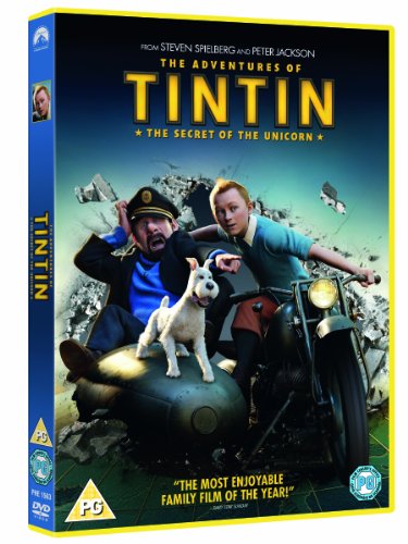 DVD cover for The Adventures of Tintin featuring Tintin, Captain Haddock, and Snowy on motorcycle.