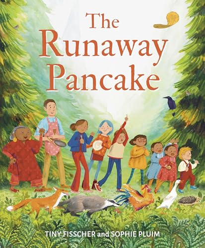 Book cover: children, animals, and a flying pancake in a forest.