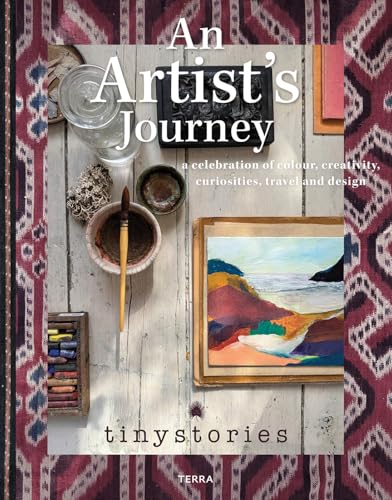 Book cover with artist’s tools, painting, and colorful patterned background.