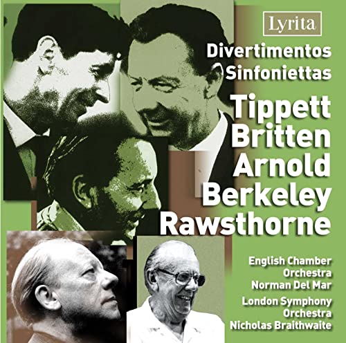 CD cover featuring portraits of composers Tippett, Britten, Arnold, and Berkeley.