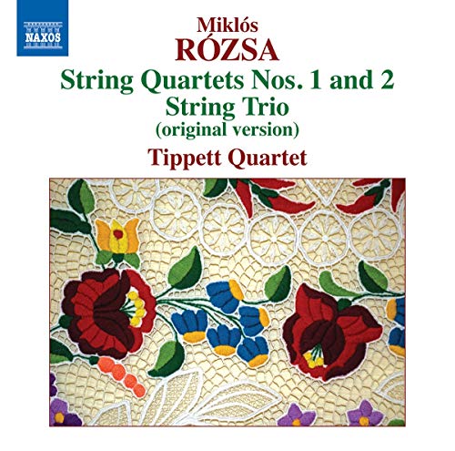 CD cover with floral embroidery design and text for "Miklós Rózsa String Quartets."