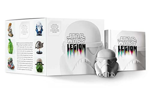 White Stormtrooper helmet with a book, showcasing colorful character art.