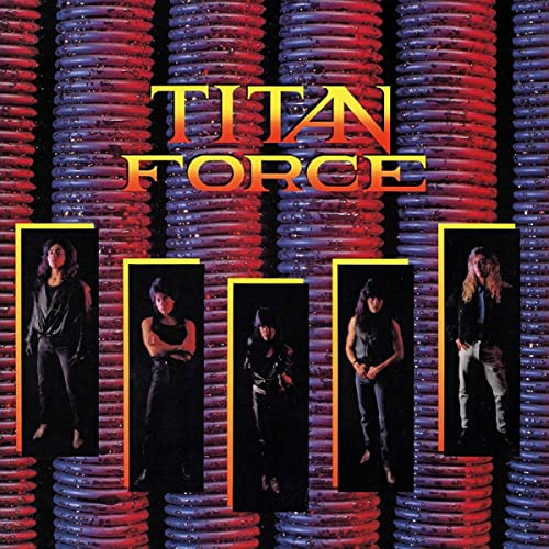 Album cover for "Titan Force" featuring four figures in dark frames.