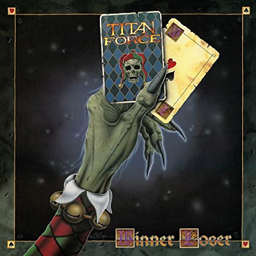 Fantasy illustration of a skeletal hand holding playing cards, "Titan Force" text.