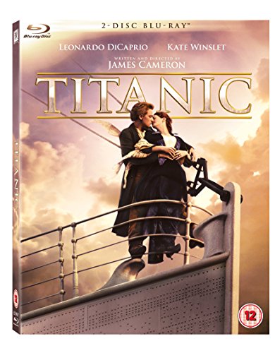 Blu-ray cover for the movie Titanic featuring Leonardo DiCaprio and Kate Winslet on deck.