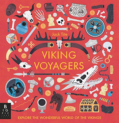 Book cover with Viking artifacts, weapons, and animal skulls scattered on a red background.