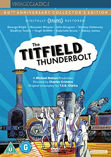 Blu-ray cover for "The Titfield Thunderbolt" featuring a cartoon train and people.
