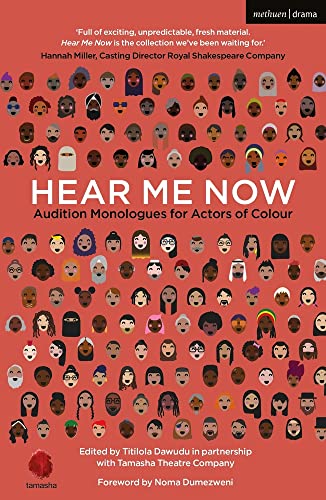 Book cover: "Hear Me Now" with diverse illustrated faces on a red background.