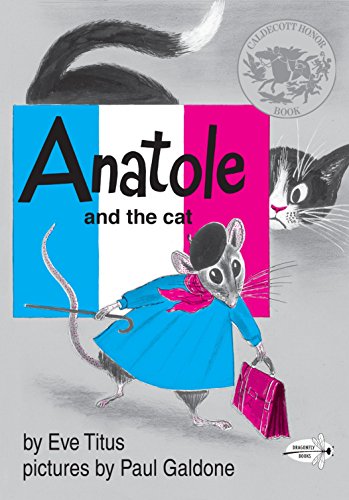 Book cover: a mouse in a blue coat with a cat looking on.