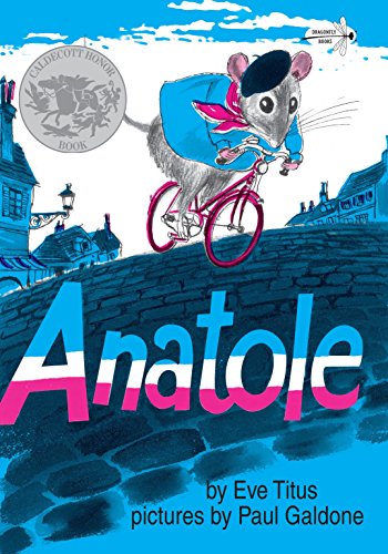 A mouse in a beret rides a bicycle on a cobblestone street.