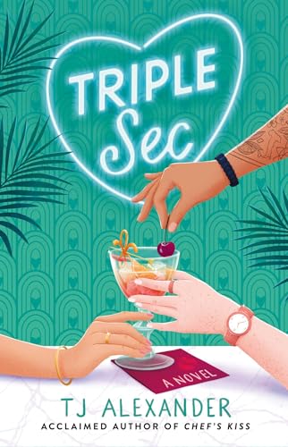 Book cover with hands around a cocktail glass and neon heart design.