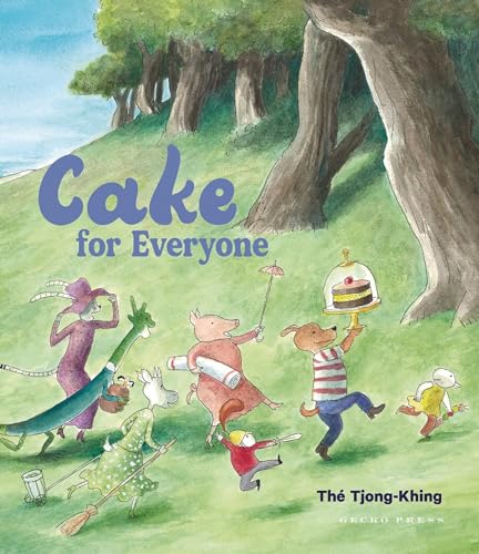 Watercolor illustration of anthropomorphic animals carrying a cake and picnic items in a forest.