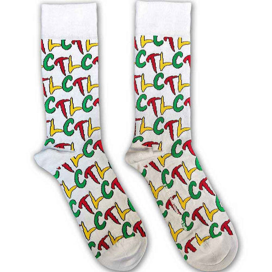 White ankle socks with repeating TLC logo, sized UK 7-11.