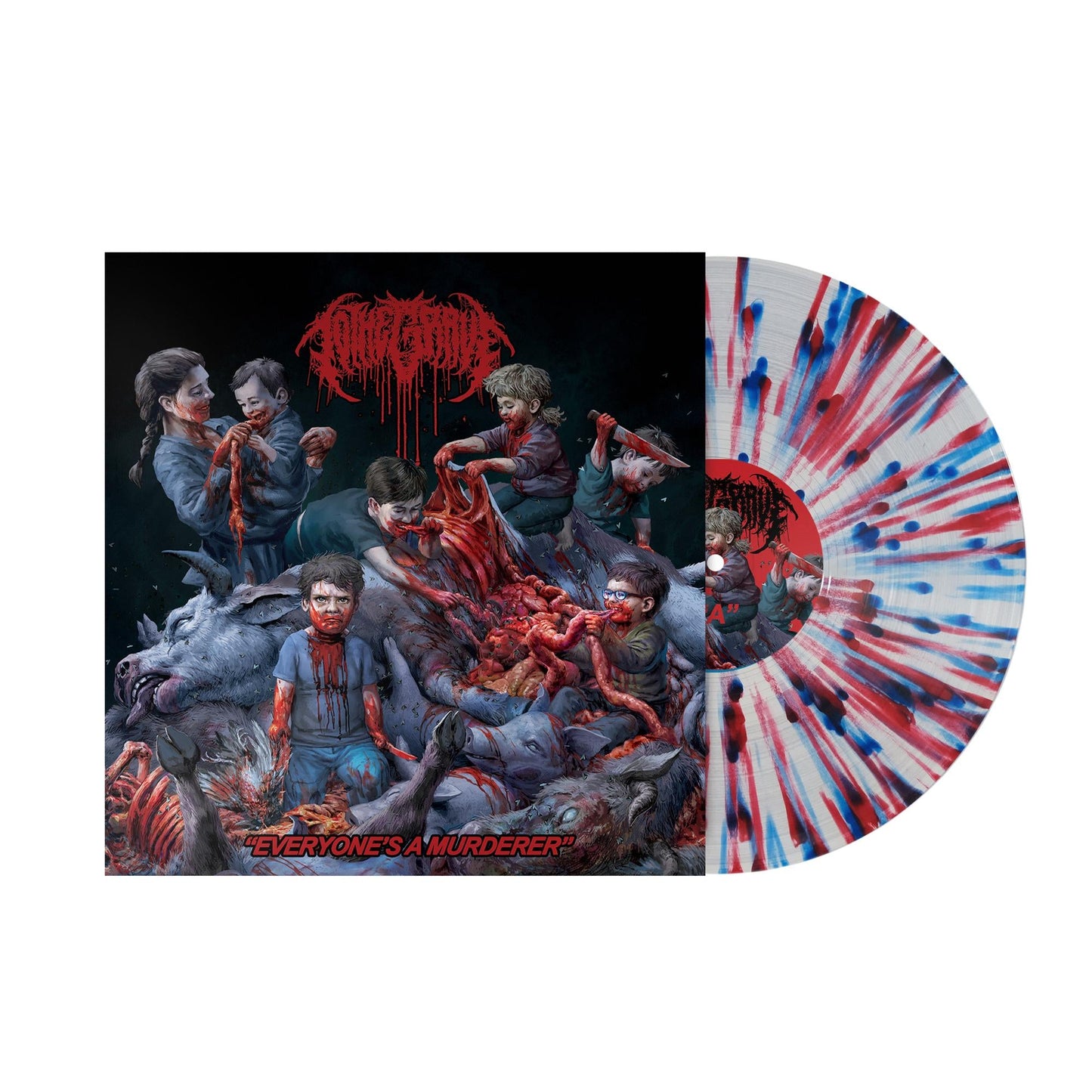 Vinyl record and cover art depicting children covered in blood dissecting a large animal.