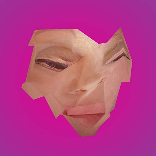 Deconstructed portrait of a person with angled facial features on pink.