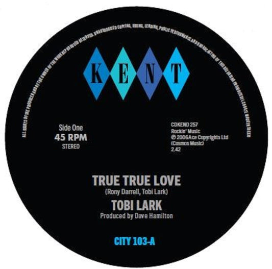 Black vinyl record label with blue diamond logo and white text.