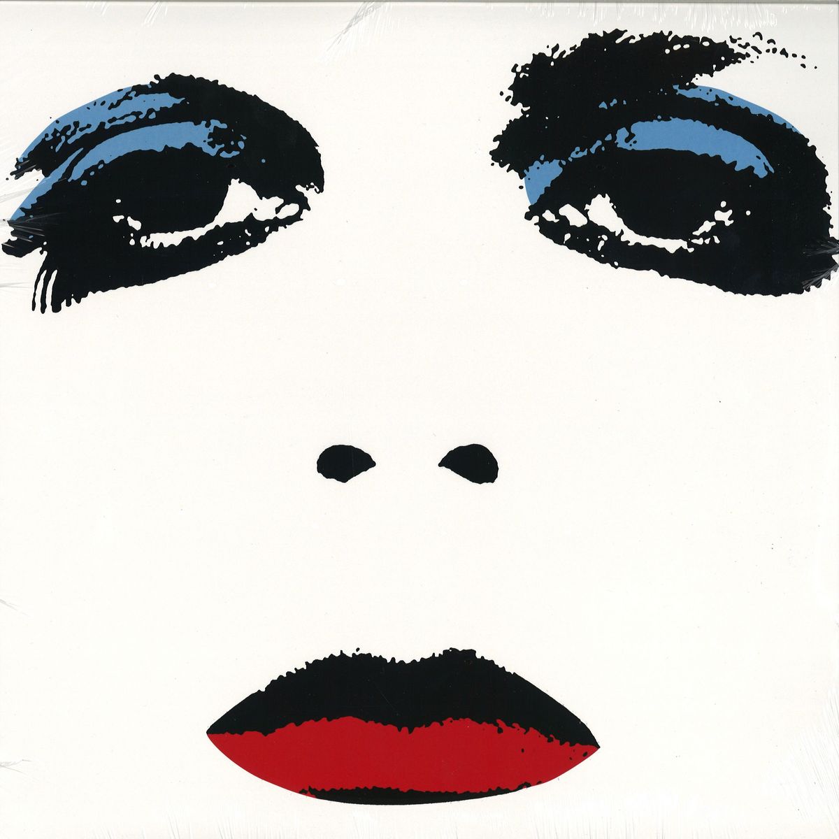 Vinyl record cover with stylized black and red face, blue eyes.