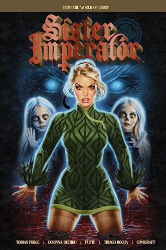 Book cover: woman in green, ghostly figures, dark blue background.