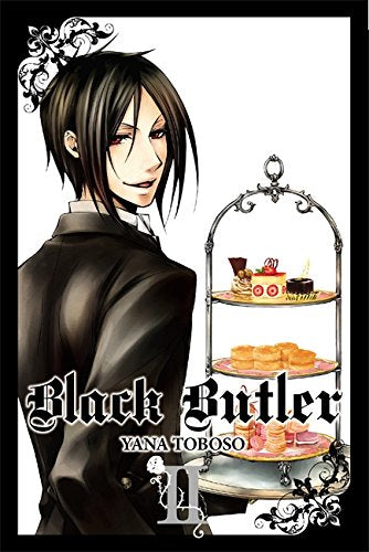 Manga cover: butler with black hair, ornate silver dessert stand.