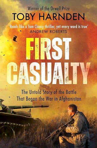 Book cover: "First Casualty" with a war scene and large yellow text.