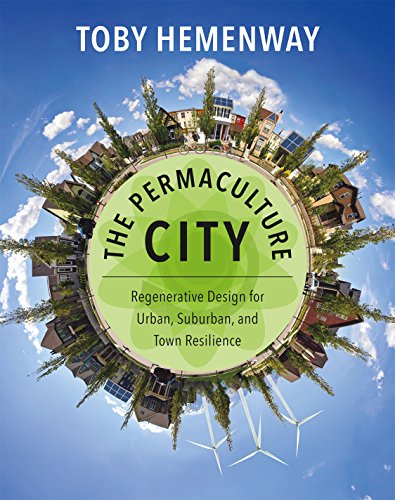 Book cover: “The Permaculture City” with houses, trees, and wind turbines.