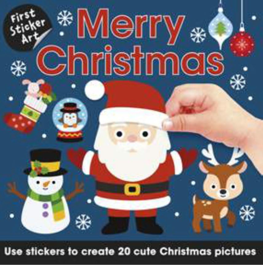 Christmas sticker book cover with Santa, snowman, reindeer, and a hand applying a sticker.