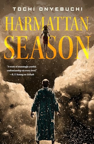 Book cover: "Harmattan Season" with figures amidst swirling dust and clouds.