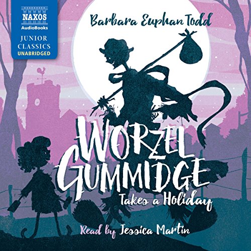 Worzel Gummidge character silhouette with a girl, against a pink and purple background.
