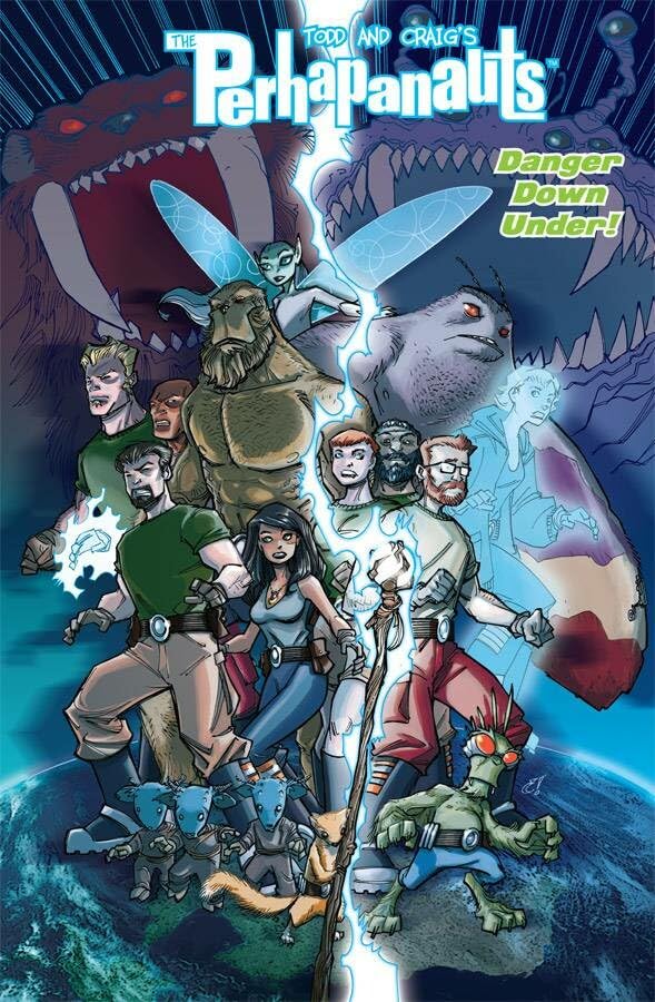 Comic book cover featuring a group of diverse characters with fantastical elements.