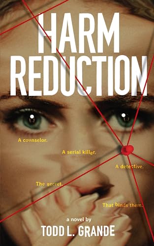 Book cover: “Harm Reduction” with a woman’s face and red lines.