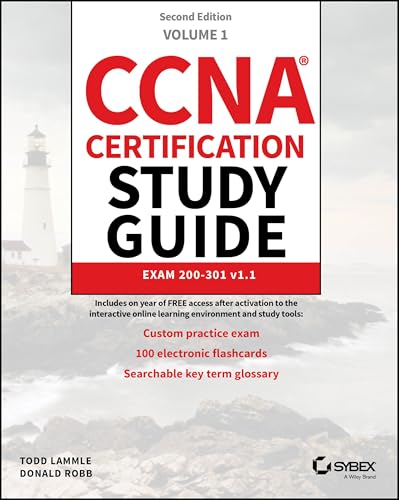 Book cover for CCNA Certification Study Guide Volume 1, Exam 200-301 v1.1 with lighthouse background.