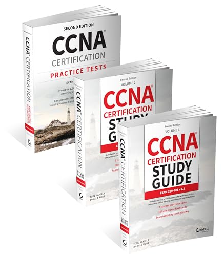 Three CCNA certification study guide books stacked against a white background.